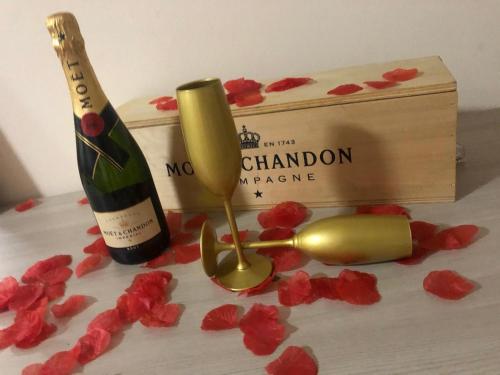 Atena B&B APARTMENTS Gold في San Silvestro: زجاجة من النبيذ و علبة من الشمبانيا و زهور حمراء