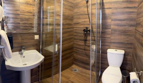 a bathroom with a shower and a toilet and a sink at Ангел комфорт in Kyiv