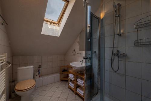 y baño con ducha, aseo y lavamanos. en Penzion Fortuna, en Liptovský Mikuláš