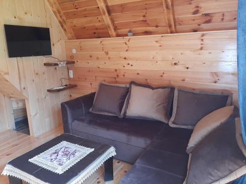 a living room with a leather couch and a tv at Wooden cottage Podgora in Žabljak