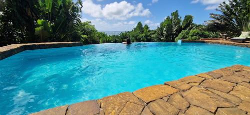 a large swimming pool with blue water at La Villa Ankarena Location de villa entière avec piscine privée à débordement sur parc aménagé Wifi TV Plage à 5 minutes à pied in Sainte Marie