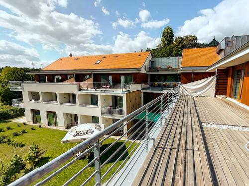 a view from the deck of a building at Hotel Bonvino Badacsony in Badacsonytomaj