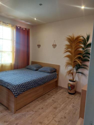 une chambre avec un lit et une plante en pot dans l'établissement VILLA BELLA avec piscine et jacuzzi, à Saint-Fons
