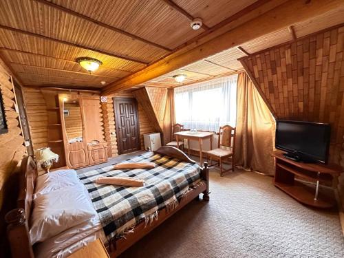 Dormitorio con cama, escritorio y TV en Trembita en Mizhhirʼʼya