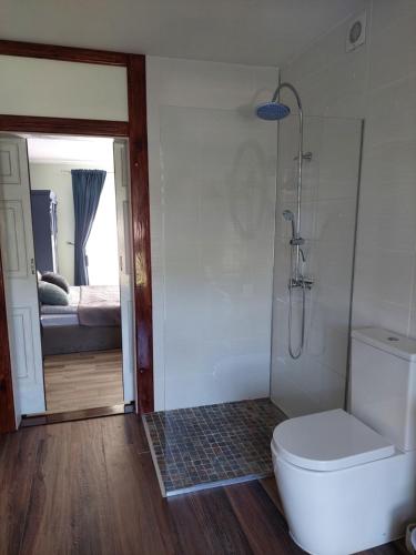 a bathroom with a toilet and a shower and a bedroom at Quiet place in Kaunas