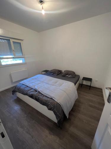 une chambre avec un lit et deux fenêtres dans l'établissement Appartement avec place de parking privé et jardin, à Beaumont-sur-Oise