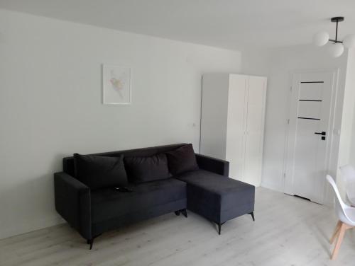 a living room with a black couch and a chair at Skalny domek in Krościenko
