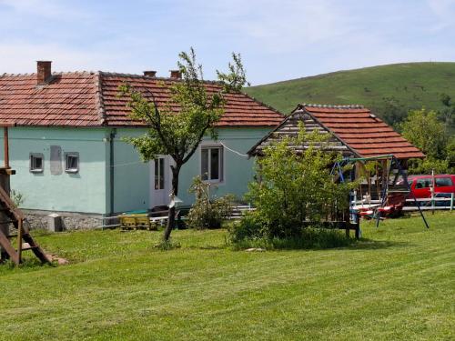 a blue house with a playground in a yard at Apartmani Feliks in Resavica