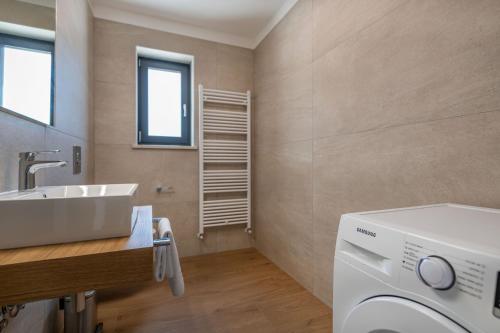 a bathroom with a sink and a washing machine at Villa Mochi, a beautiful modern villa in a tranquil enviroment in Pićan
