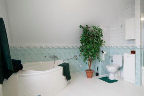 a bathroom with a tub and a potted plant at Wypoczynek wśród natury na Mazurach z widokiem na zachody słońca in Szczytno