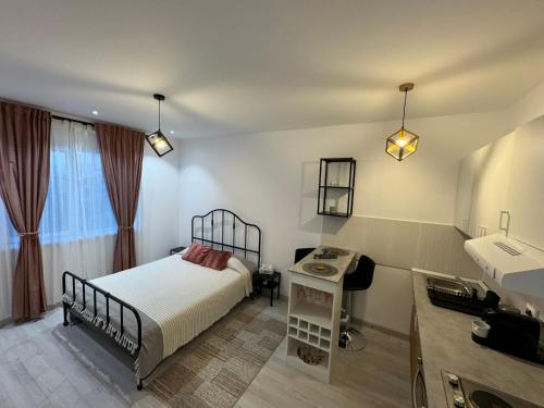 1 dormitorio con 1 cama y lavamanos. en La Mika -Your Home, en Bucarest