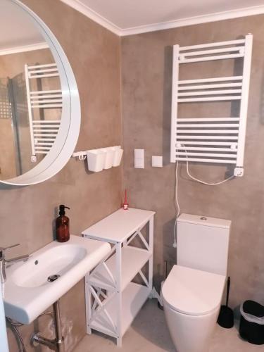 a bathroom with a sink and a toilet and a mirror at T0 com mezanino à beira-mar in Madalena