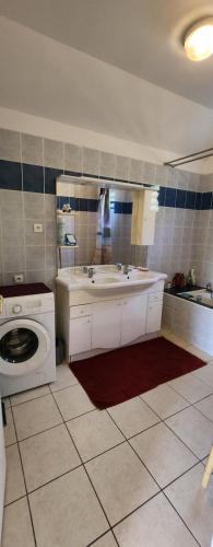 a bathroom with a sink and a washing machine at Maison Calme aux Avirons in Les Avirons