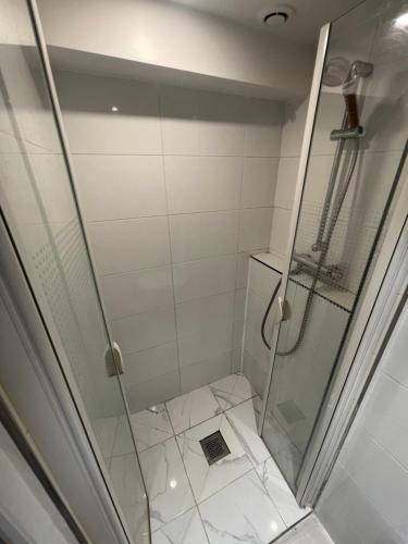 une douche avec une porte vitrée dans une salle de bain dans l'établissement Appartement à côté du Sacrée cœur et Montmartre, à Paris