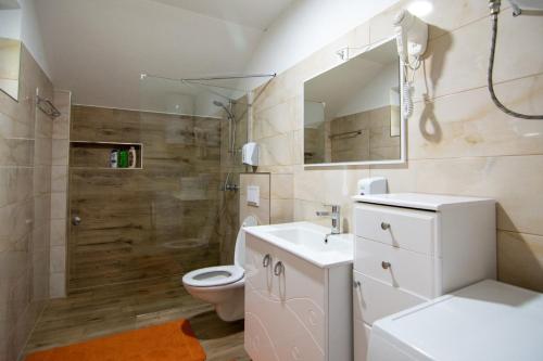 a bathroom with a toilet and a sink and a mirror at Villa Pliva Lake in Jajce