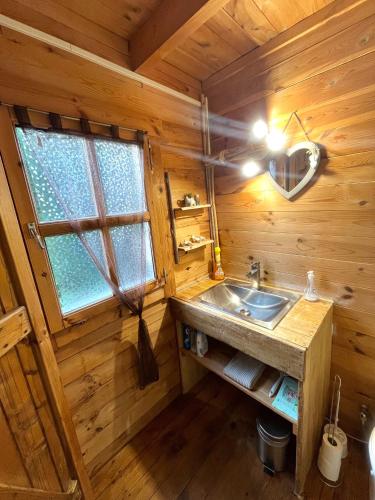 a bathroom with a sink in a log cabin at LES CHALETS DE VANESS' le Mahé in Digoin