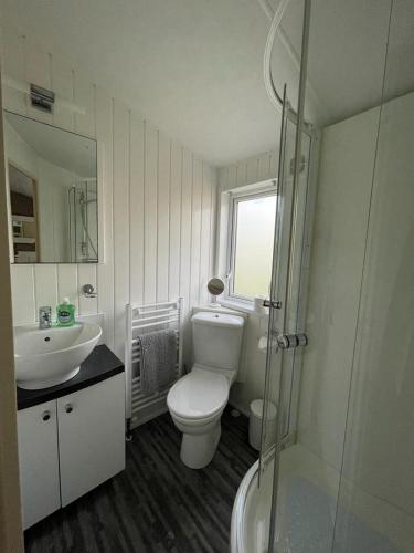 a bathroom with a toilet and a sink at Caravan Skye Holidays in Portree