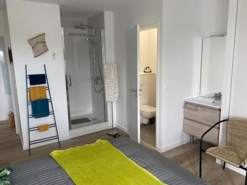 une salle de bain avec un lit, une douche et un lavabo dans l'établissement VANNES ROOF TOP 2 a 4 a 6 a 8 pers 120 m plein sud EXCEPTIONNEL, à Vannes