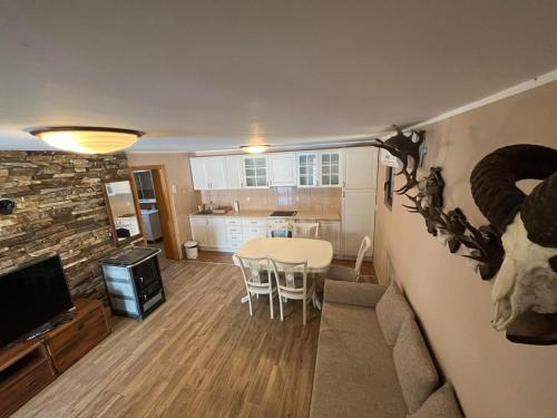 a living room and kitchen with a table and a tv at Brvnara Petra in Gornja Toplica