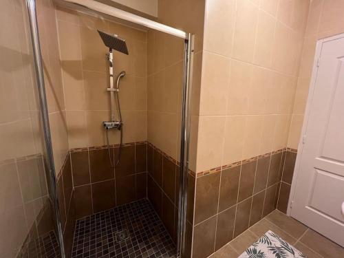 eine Dusche mit Glastür im Badezimmer in der Unterkunft Maison familiale spacieuse -Château de Chambord in Huisseau-sur-Cosson