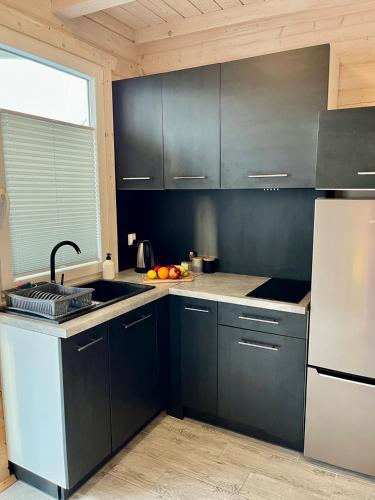 a kitchen with black cabinets and a white refrigerator at Słonecznikowa Dolina in Sarbinowo