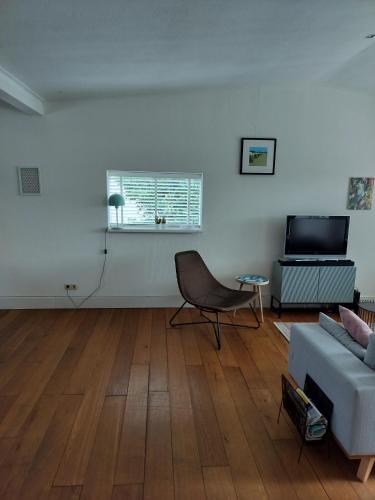 a living room with a couch and a chair at Solstice, quiet cottage in Bruinisse, Zeeland in Bruinisse