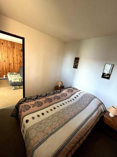 une chambre avec un lit et un grand miroir dans l'établissement St-Pierre-La-Mer, bel appartement a dans residence avec piscine et tennis entre 5 et 10 min de la plage, à Fleury