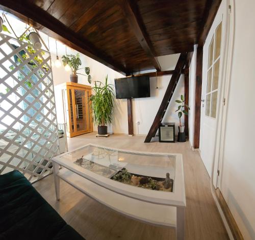 a living room with a glass table in a room at Green Garden Děčín in Děčín