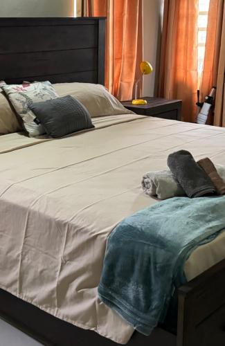 ein Bett mit zwei Kissen und einer Decke darauf in der Unterkunft JJs Flat in Cedar Grove