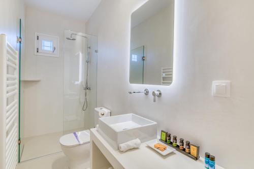 uma casa de banho com um lavatório, um WC e um espelho. em Villa Bellonia em Naousa