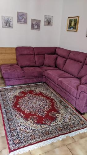 a purple couch in a living room with a rug at Appartamento "Vista Lago" in Auronzo di Cadore
