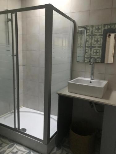 a bathroom with a shower and a sink at al'çatı flaneur in Çeşme