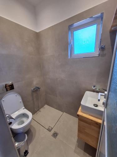 a bathroom with a toilet and a sink and a window at Xuxi Apartments in Lukovë