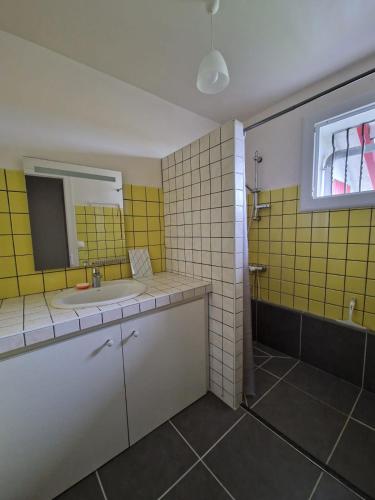 - une salle de bains carrelée de jaune avec lavabo et miroir dans l'établissement Maison du Coucou, à Larbey