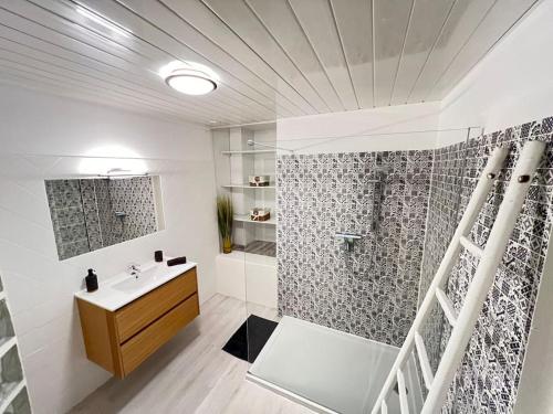 une salle de bain avec un lavabo et une douche dans l'établissement Gîtes atypique champenois, à Saint-Martin-dʼAblois