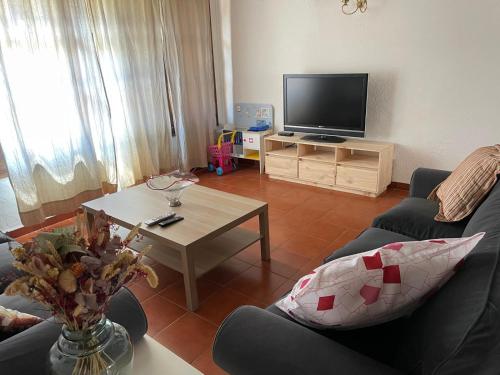 a living room with a couch and a tv at Casa rural El Bruguer Vell in Santa Eulalia de Ronsaná