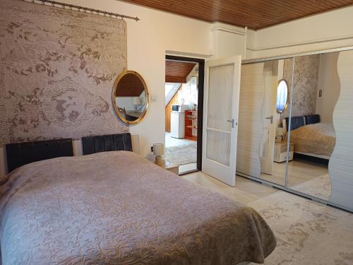 a bedroom with a large bed and a mirror at Karolina Apartment in Békéscsaba