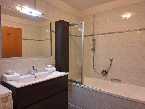 a bathroom with a shower and a sink and a tub at Apartments Insam in Santa Cristina in Val Gardena