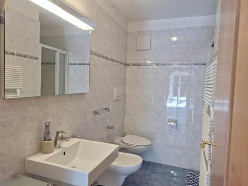 a bathroom with a sink and a toilet and a mirror at Apartments Insam in Santa Cristina in Val Gardena