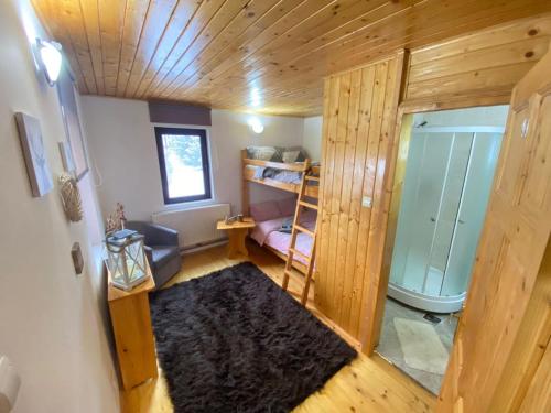 a small room with a bunk bed and a bathroom at Chalet Luna Parang in Petroşani