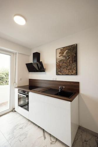 a kitchen with a sink and a counter top at Royale Lumineux Jacuzzi Parking privé in Mulhouse