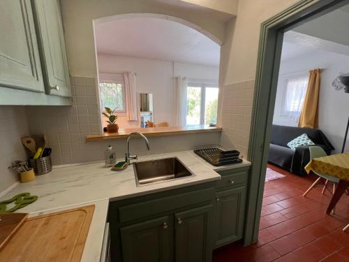 une cuisine avec un évier et un canapé dans une chambre dans l'établissement SIMONE, Appartement maison, quartier calme, grande terrasse, SPA, barbecue, 2 chambres, à Fréjus