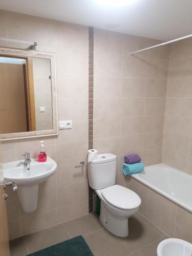 a bathroom with a toilet and a sink and a tub at Apartamento Mar-Azul in Laxe