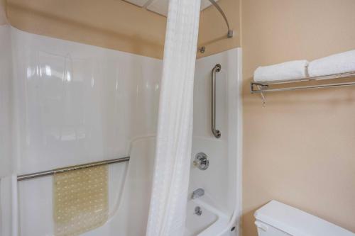 a bathroom with a shower with a white shower curtain at Best Western Inn at Blakeslee-Pocono in Blakeslee