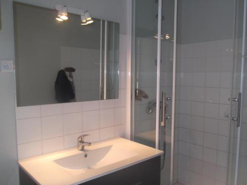 ein Bad mit einem Waschbecken und einer Dusche mit einem Spiegel in der Unterkunft Les Mouettes St Hilaire in Saint-Hilaire-de-Riez