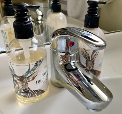 un lavandino con rubinetto e due bottiglie di sapone di Willow Tree Cottage a Lincoln