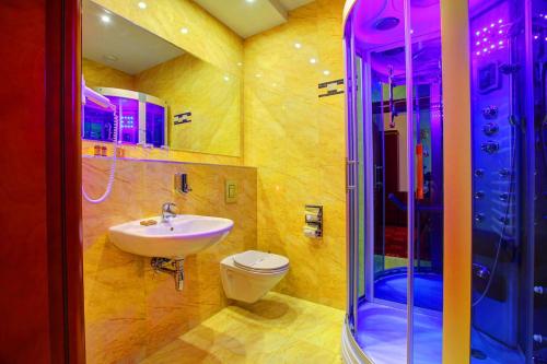 ein Bad mit einem Waschbecken, einer Dusche und einem WC in der Unterkunft Hotel Holiday Park in Warschau