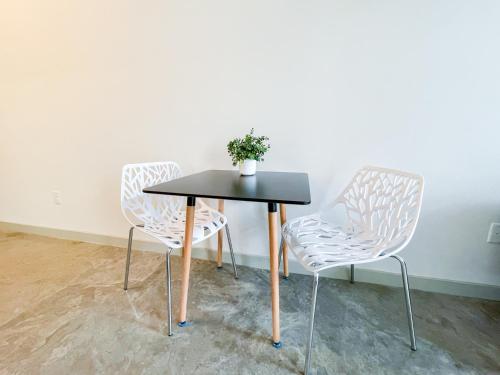 two chairs and a table with a plant on it at Monthier Suite Downtown Austin in Austin