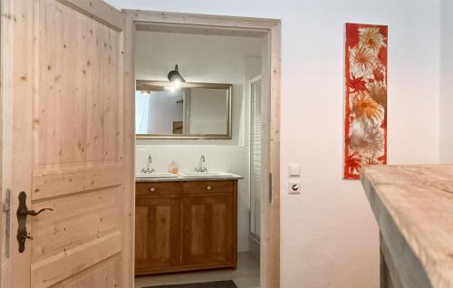 ein Badezimmer mit einer Holztür und einem Waschbecken in der Unterkunft Ferienwohnung In Auern in Auern
