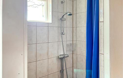 eine Dusche mit einem blauen Duschvorhang im Bad in der Unterkunft 2 Bedroom Nice Home In Norrtlje in Norrtälje